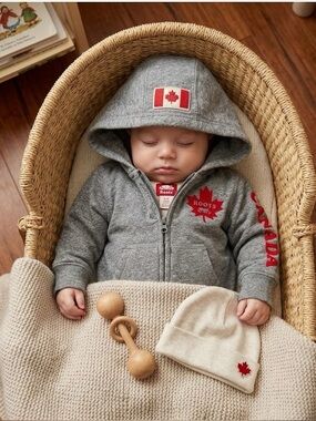 Roots Grey Zip Hoodie with Red Maple Leaf - Kids size 3-6months
